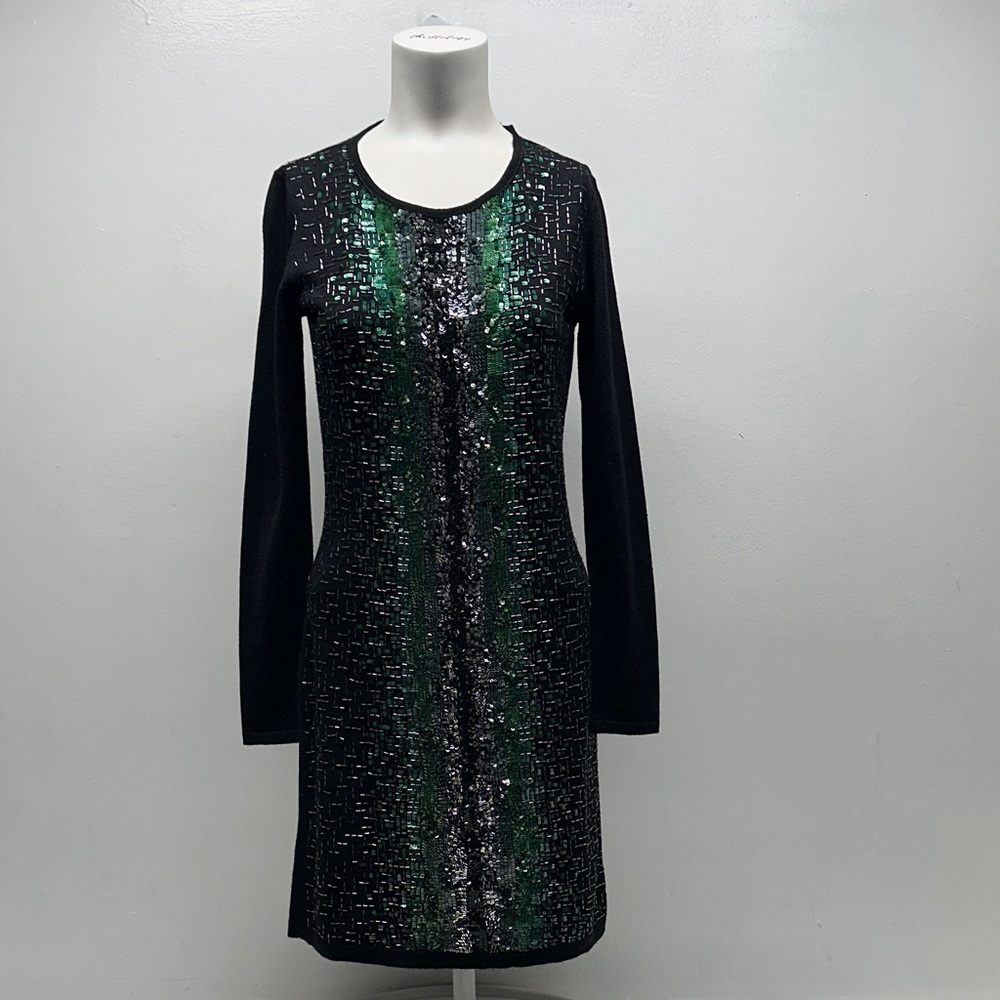 Oscar De La Renta Sweater Dress Long Sleeve Knit Beaded Sequin Black Size Small